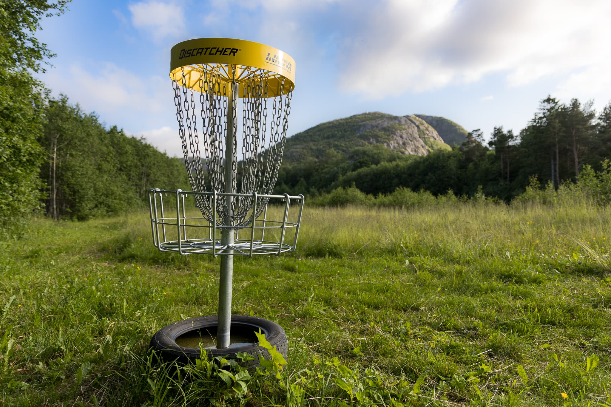 Bilde av en frisbeekurv på en åpen slette med Storfjelet i Flatanger i bakgrunnen